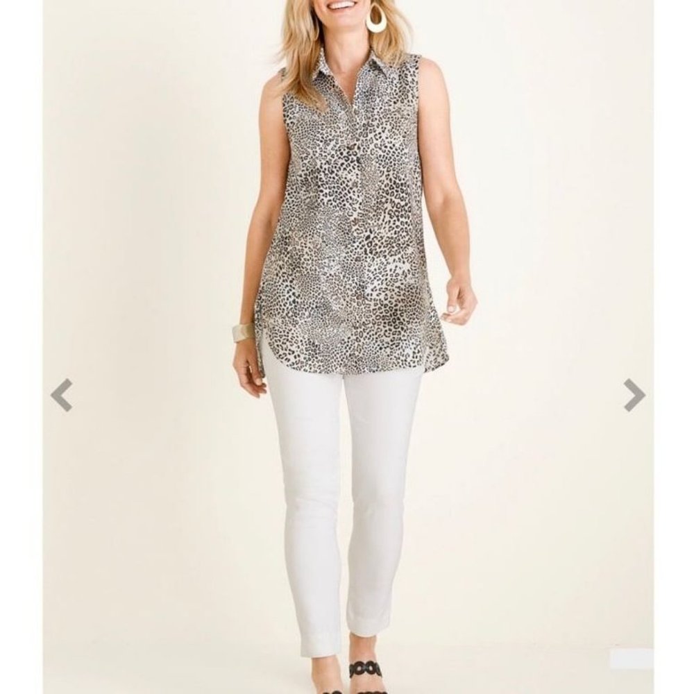 Chicos No Iron Linen Top Sleeveless Animal Print Tunic Button Up Shirt Sz M